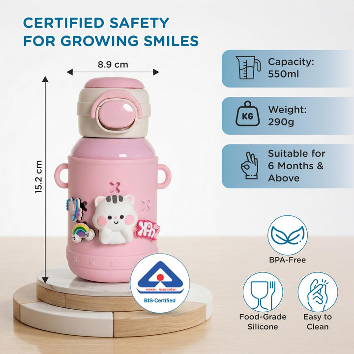 Mee Mee Kiddo Tumbler Vacuum Bottle - 550ml | 3-in-1 Straw, Sip & Cup | Leakproof & BPA-Free | 24H Cold & 12H Hot | Pink