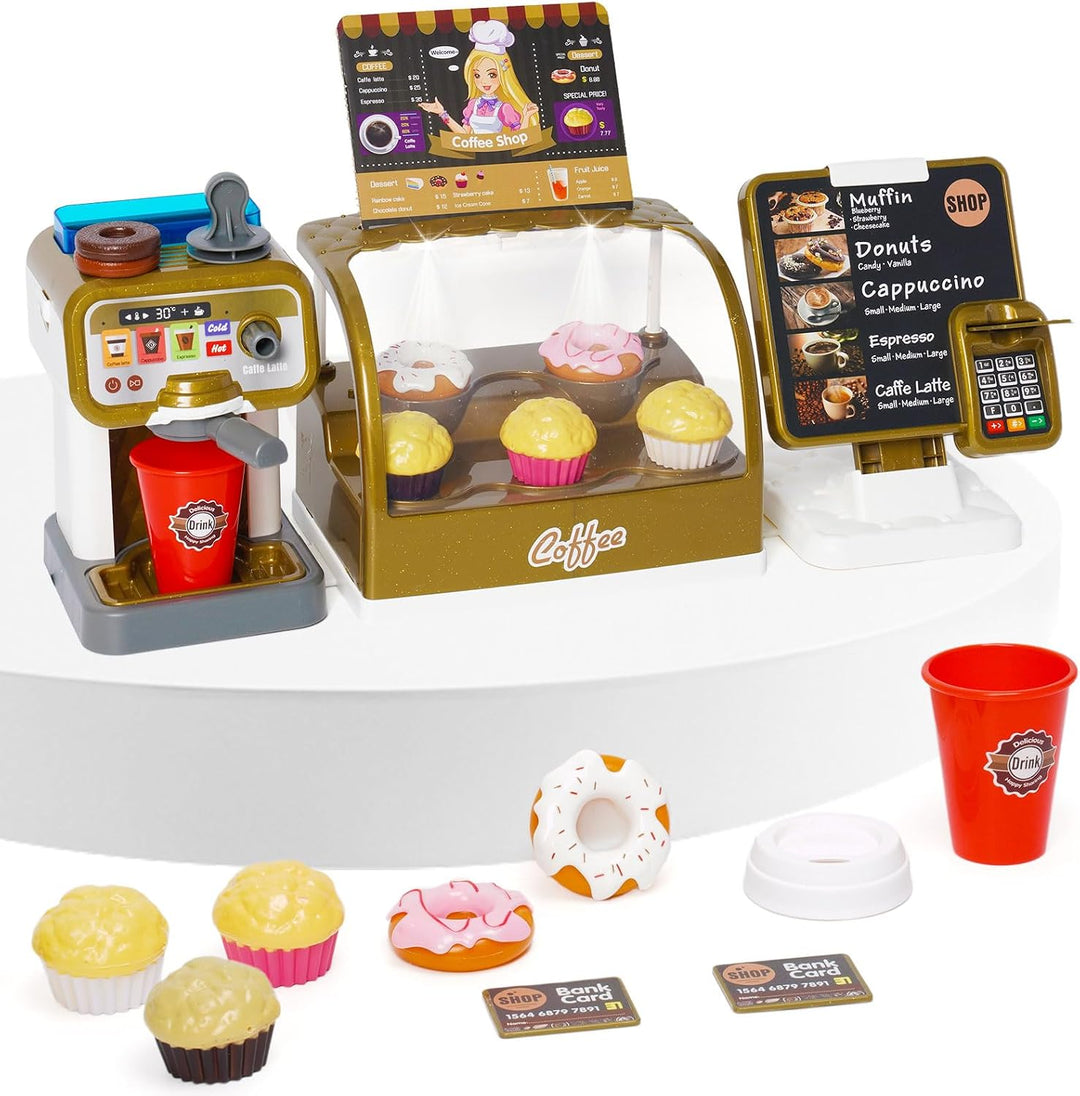 Coffee Shop Pretend Play Set | Kids Coffee Maker with Sound & Water Feature | Cash Register & Dessert Role Play Toy