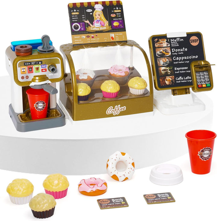 Coffee Shop Pretend Play Set | Kids Coffee Maker with Sound & Water Feature | Cash Register & Dessert Role Play Toy