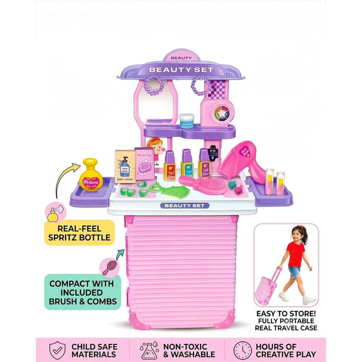Mamma Mia Beauty Set 2-in-1 Makeup Vanity & Pull-Along Suitcase for Girls | Pretend Play Beauty Salon Kit with Accessories