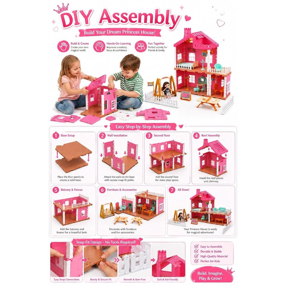 Manku Quiet Cottage Princess Dollhouse with Water Mist Spray Chimney & Light | DIY Pretend Play Set | 132-Pieces