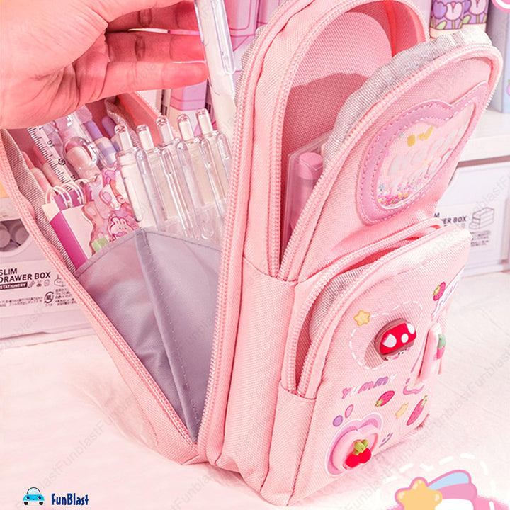 FunBlast Pencil Case for Girls | Large Capacity Hangable Triple-Layer Canvas Pouch