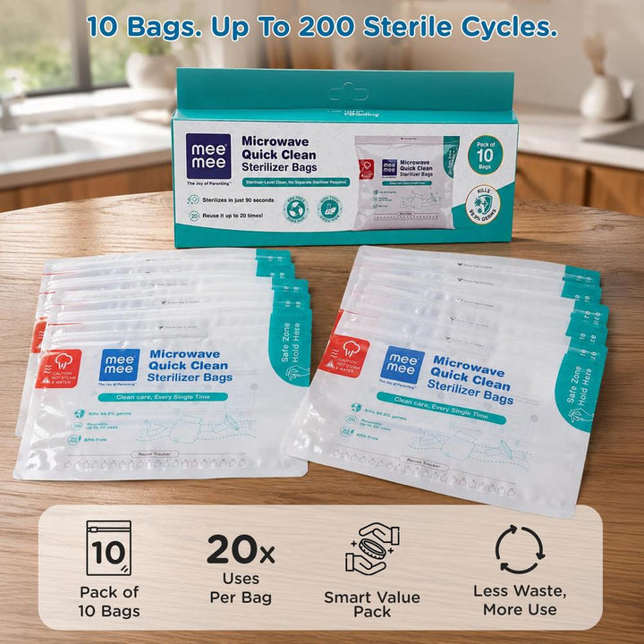 Mee Mee Microwave Quick Clean Sterilizer Bags | Pack of 10 | BPA-Free Baby Feeding Accessory Sterilization Bags
