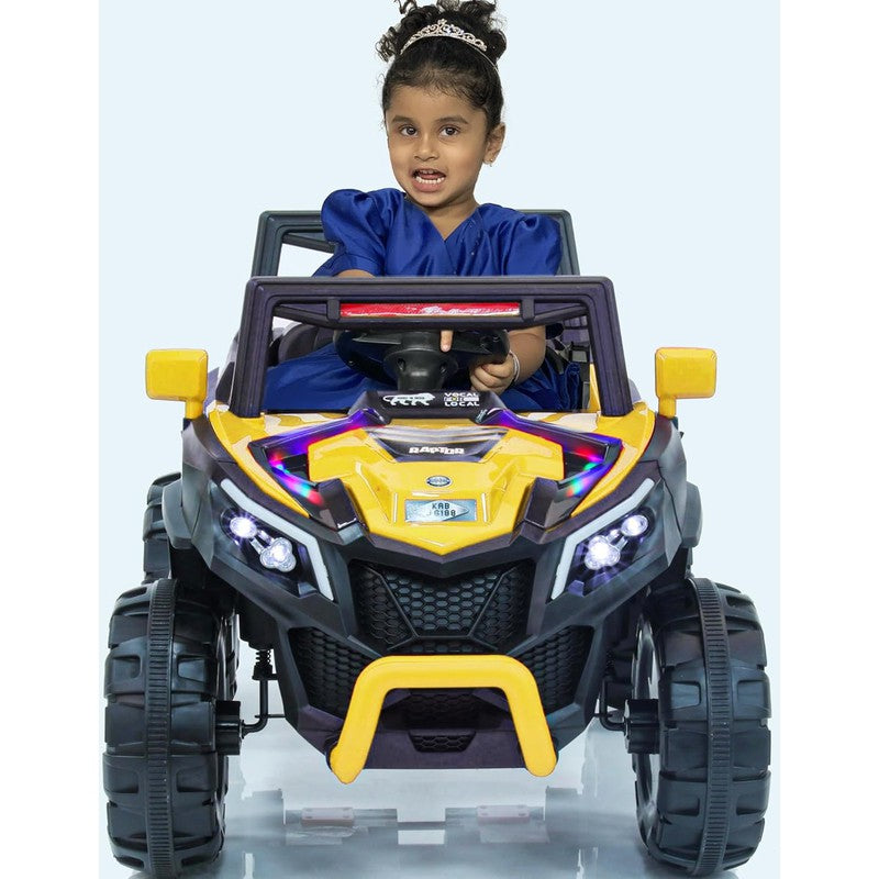 Yellow Driving Jeep Ride on | Remote + Mobile App Control & Manual Steering Drive Car | Bluetooth Music Player | Loading Capacity of 50 Kg | COD Not Available