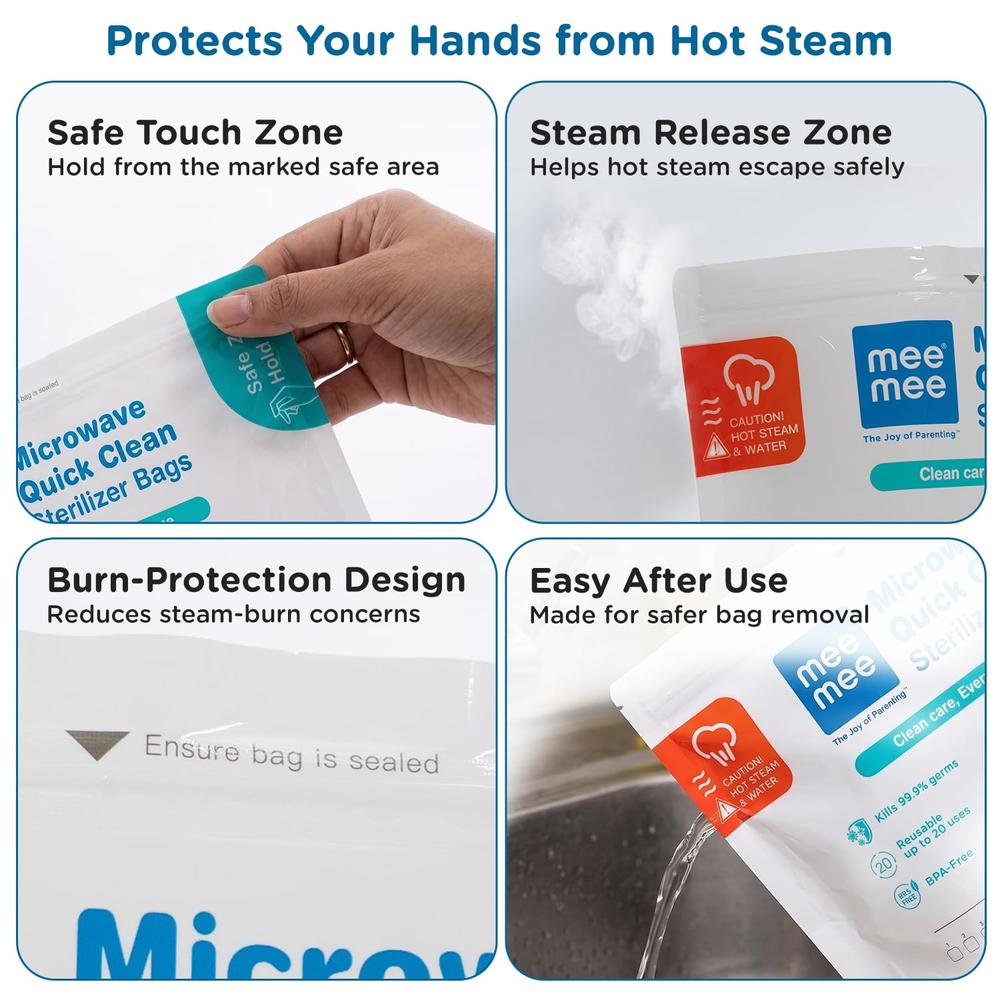 Mee Mee Microwave Quick Clean Sterilizer Bags | Pack of 10 | BPA-Free Baby Feeding Accessory Sterilization Bags