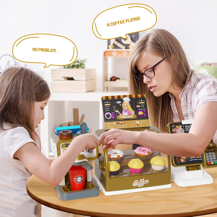Coffee Shop Pretend Play Set | Kids Coffee Maker with Sound & Water Feature | Cash Register & Dessert Role Play Toy