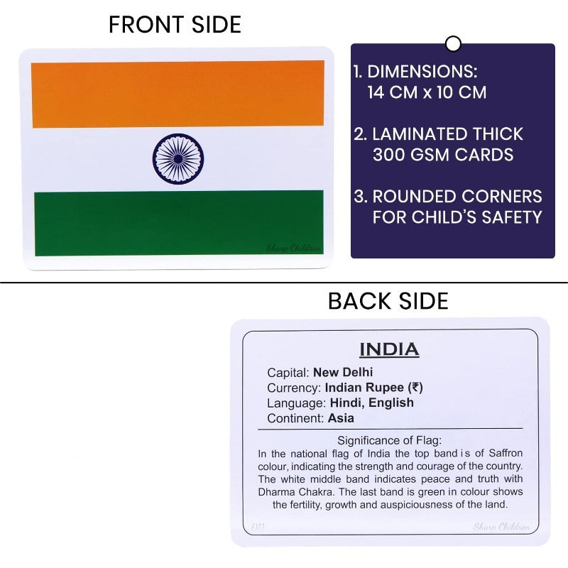 Big Size Flags Flash Cards for Kids, Wipe and Clean, Laminated Activity Flash Cards