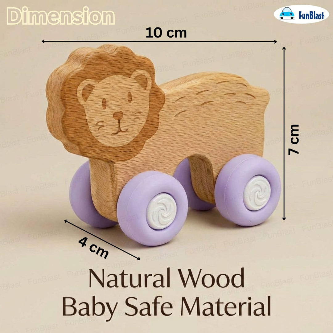 FunBlast Lion Wooden Baby Teether with Silicone Wheels | Montessori Teething Push Toy for Babies and Toddlers (Purple)