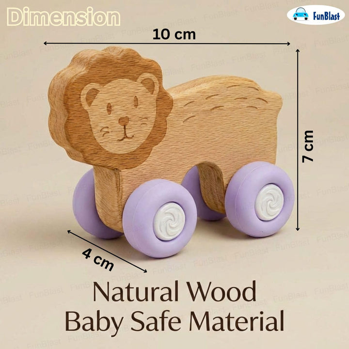 FunBlast Lion Wooden Baby Teether with Silicone Wheels | Montessori Teething Push Toy for Babies and Toddlers (Purple)