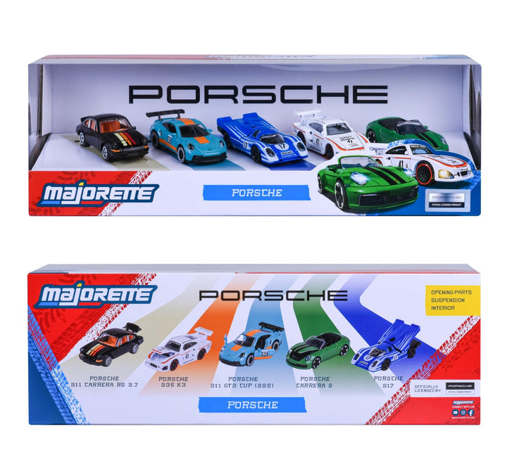 Set of 5 Licensed Majorette Diecast Cars (Porsche) - Porsche 917, Porsche 911 Carrera RS 2.7, Porsche 911 Carrera S, Porsche 935 K3, Porsche 911 GT3 Cup (992)