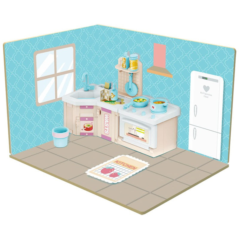 DIY Kitchen Room Wooden Doll House with Plastic Furniture, Dollhouse