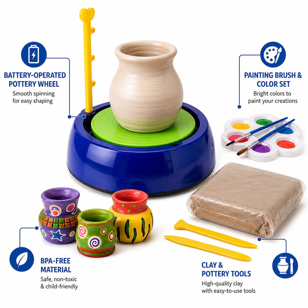 Pottery Wheel Kit for Kids & Beginners | Battery Operated Pottery Making & Painting Set | DIY Craft Activity Kit