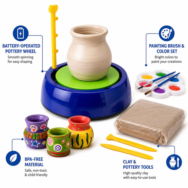 Pottery Wheel Kit for Kids & Beginners | Battery Operated Pottery Making & Painting Set | DIY Craft Activity Kit