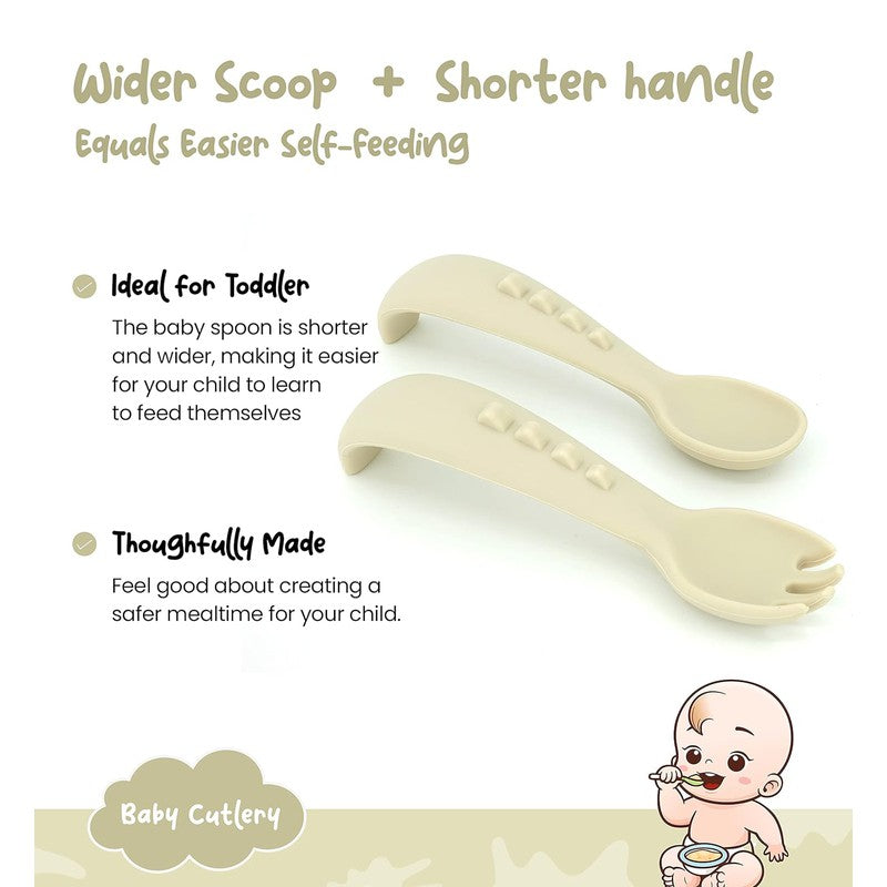 Baby Silicon Soft Spoons and Forks Set | Utensils Spoons Forks Training Feeding for Kids Toddlers Children Infants | Beige
