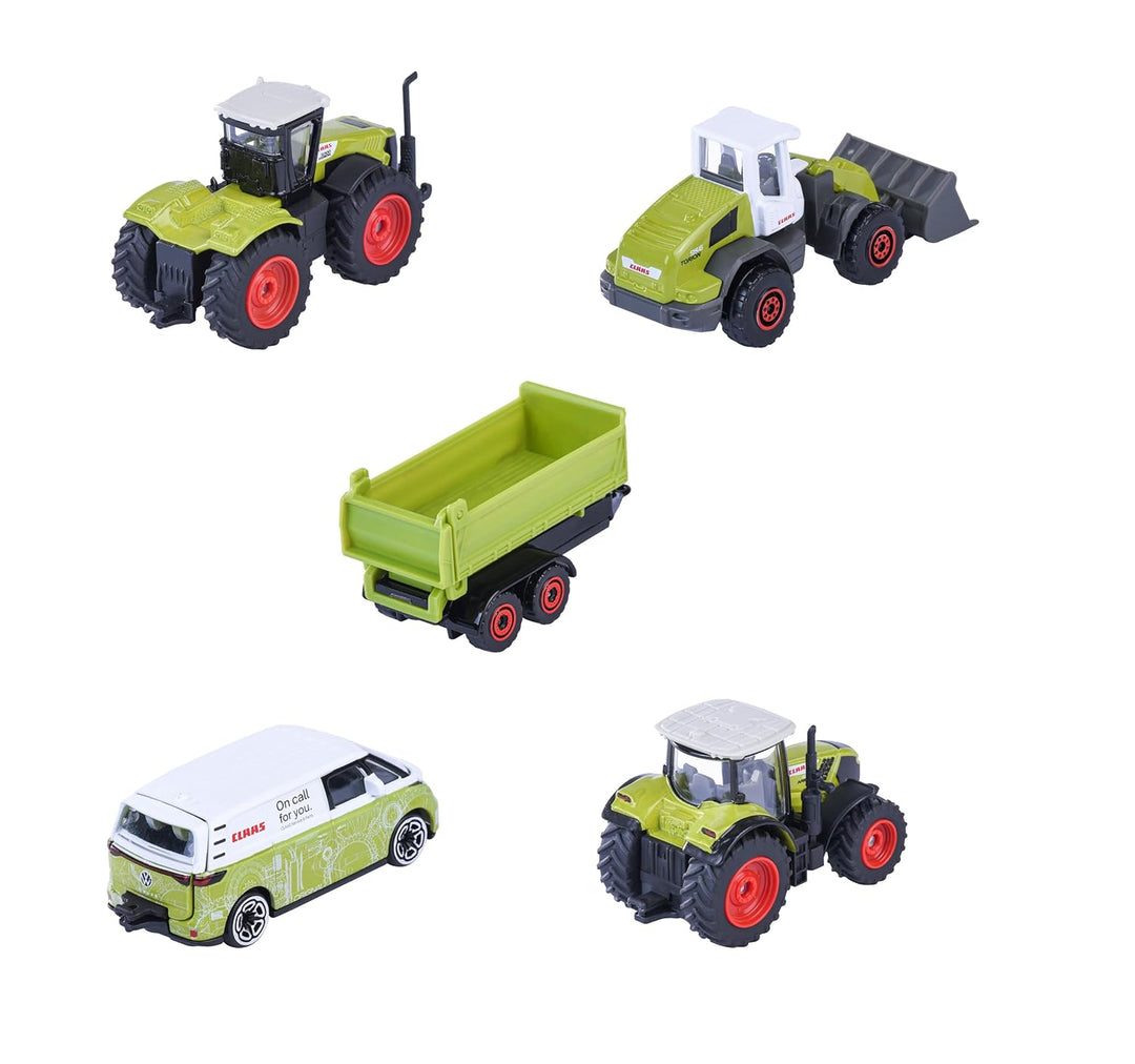 Set of 5 Licensed Majorette Diecast Cars (Farm) - Claas Arion 660, Claas Xerion 5000, Claas Torion 956-537 Sinus, Volkswagen ID. Buzz, Farm trailer