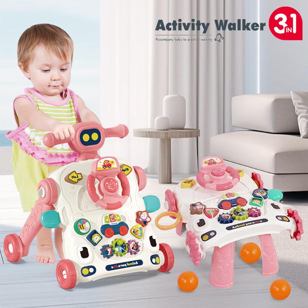 Baby Activity Walker Toddler Sit-to-Stand | 3-in-1 Musical Push Walker with Shape Sorter & Interactive Toys -Pink
