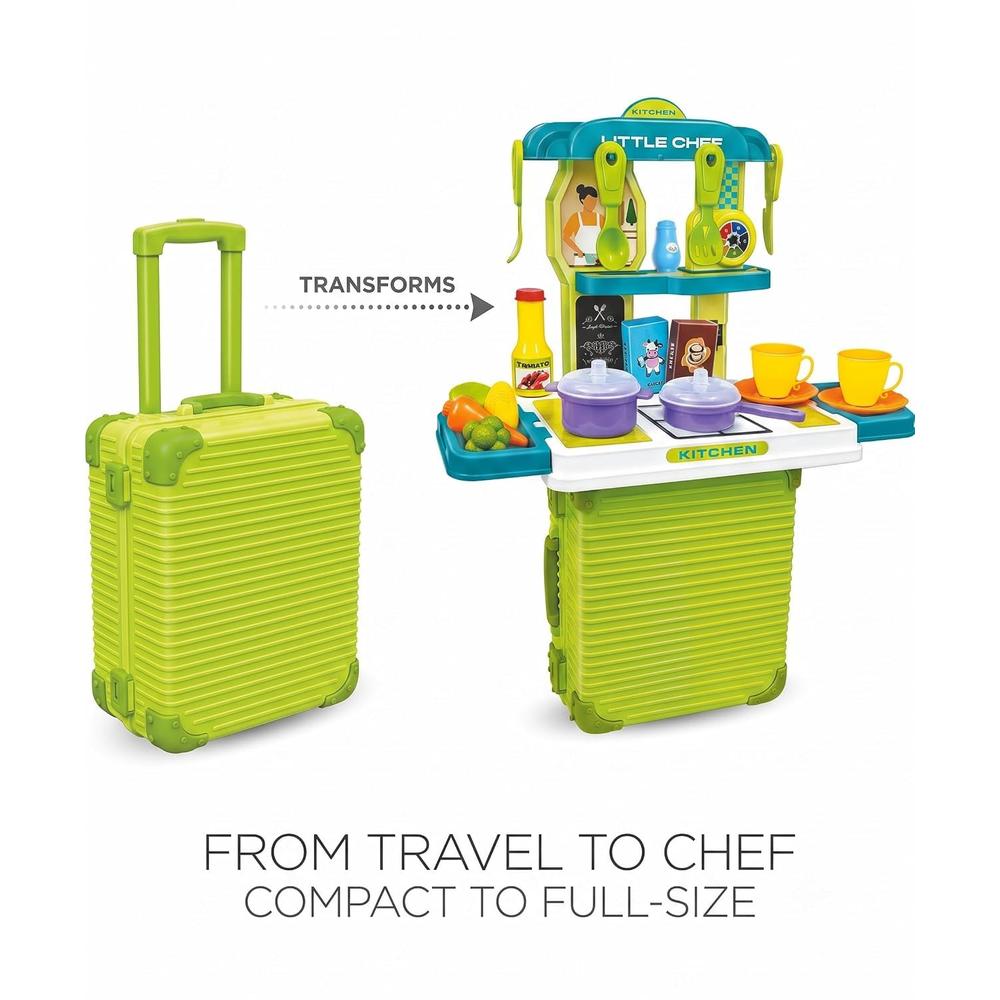 Mamma Mia 2 in 1 Kitchen Play Set & Trolley Suitcase Toy Green | Pretend Cooking Role-Play Set for Kids