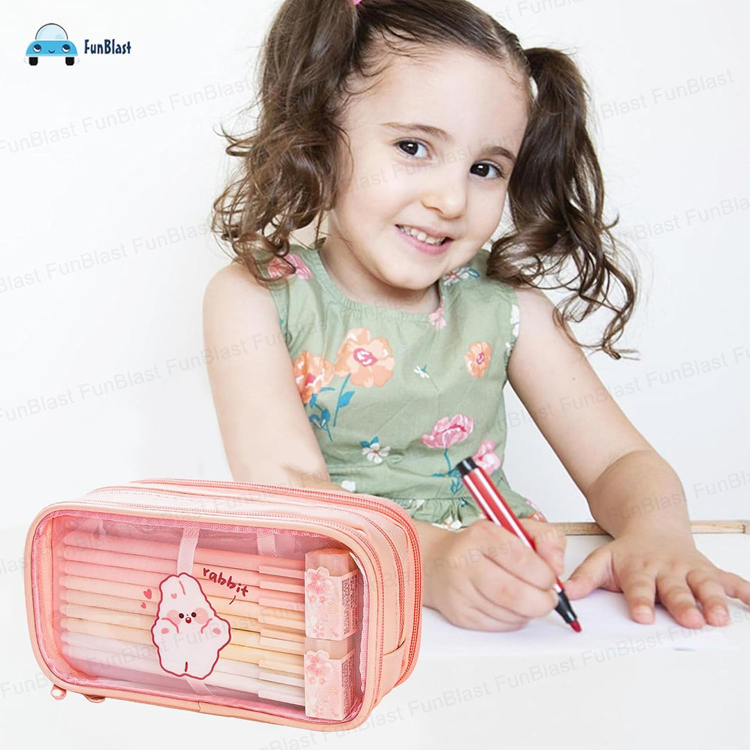 FunBlast Large Capacity Pencil Bag – Peach | 3 Compartment Transparent Pencil Pouch with Zipper