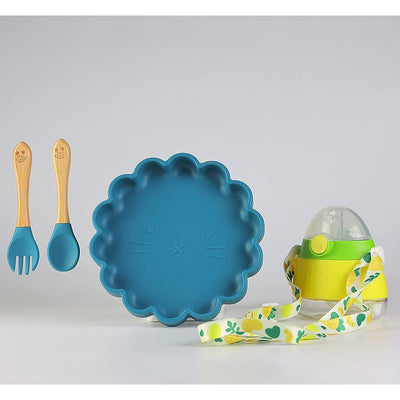 The Baby Led Weaning Supplies Collection of Cute Simba Suction Plate, Sippy Cup and Trainer Spoon & Fork (Blue - Yellow)