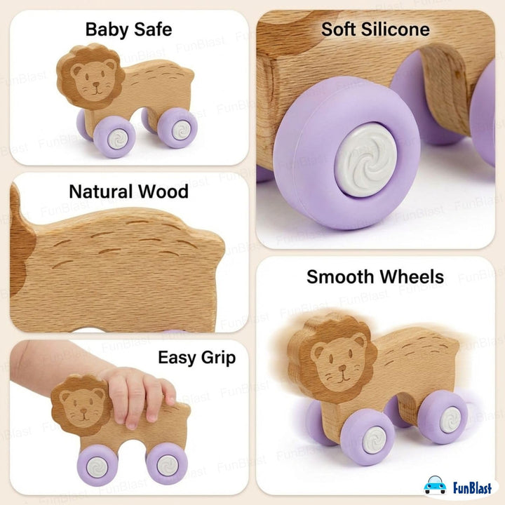 FunBlast Lion Wooden Baby Teether with Silicone Wheels | Montessori Teething Push Toy for Babies and Toddlers (Purple)