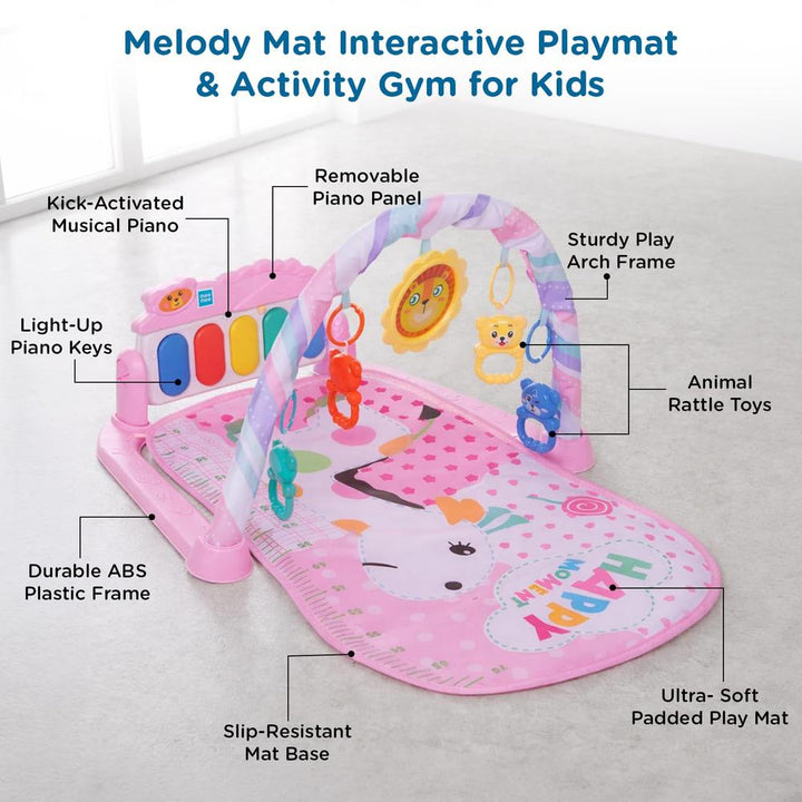 Mee Mee Melody Mat Interactive Playmat & Activity Gym | 3-in-1 Kick & Play Musical Piano Mat with Lights with Hanging Rattle Toys & Teethers - Pink