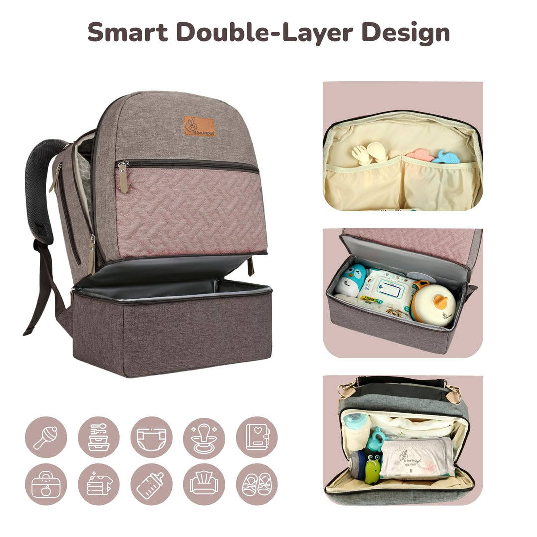 R for Rabbit Caramello Truffle Large Capacity Diaper Bag with Stroller Attachment - Grey Pink