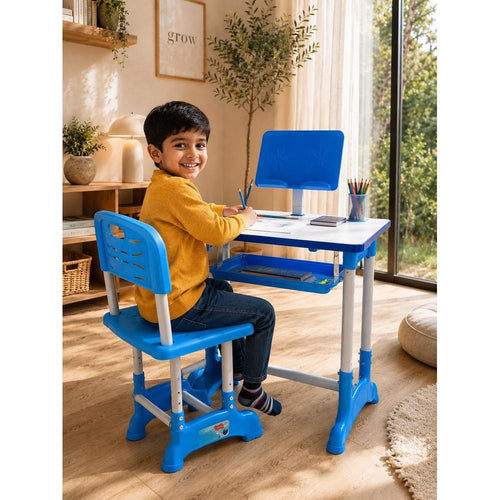 Kids Study Table & Chair Set | Adjustable Height Study Desk with Storage Shelf | Ergonomic Writing Table for Children