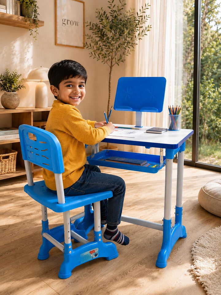 Kids Study Table & Chair Set | Adjustable Height Study Desk with Storage Shelf | Ergonomic Writing Table for Children