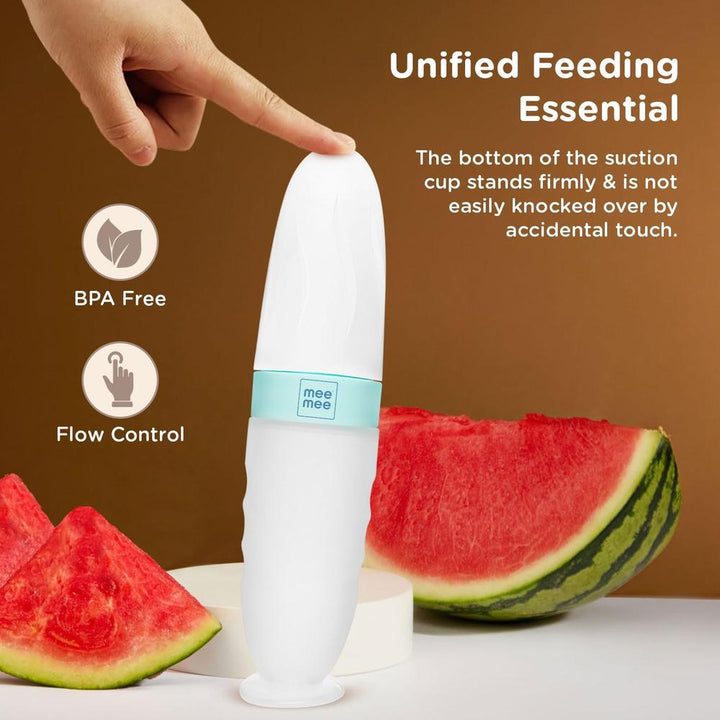 Mee Mee Squeezy Silicone Mini Meal Spoon Food Feeder  with Standing & Suction Base | Easy Grip & Bite Resistant