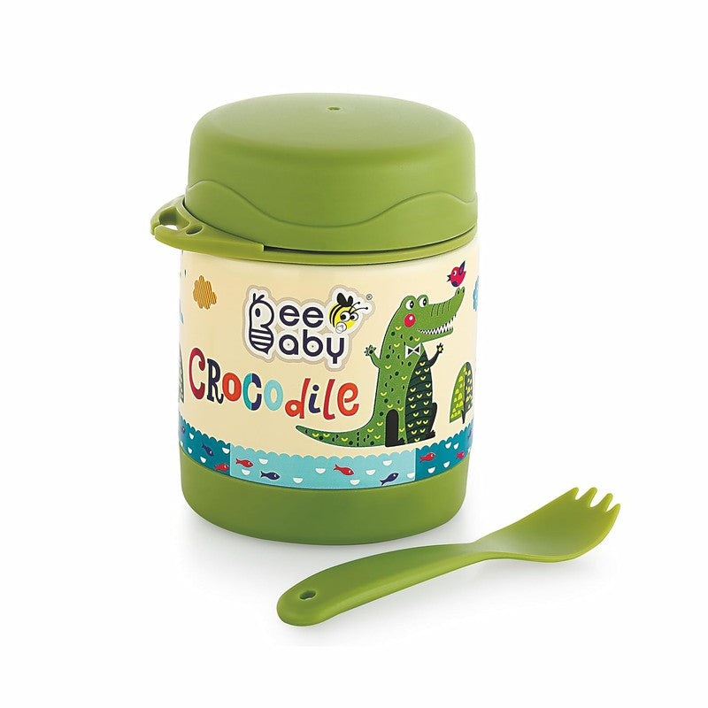 Double Vacuum Wall Insulated Food Jar Container with Spoon+Fork | 325 ML, 11 oz | Crocodile_Green