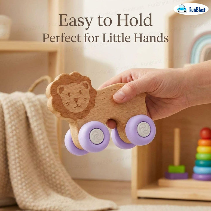 FunBlast Lion Wooden Baby Teether with Silicone Wheels | Montessori Teething Push Toy for Babies and Toddlers (Purple)