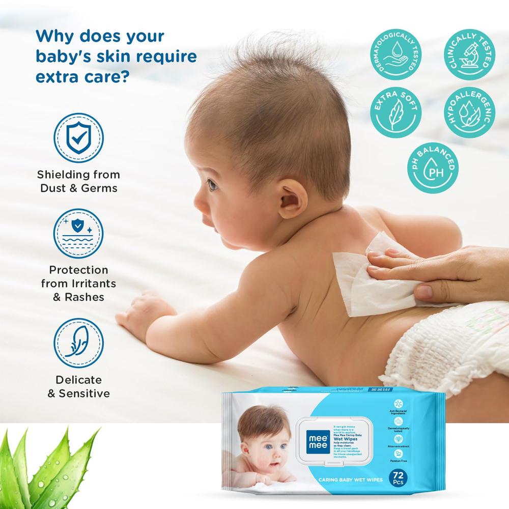 Mee Mee Caring Baby Wet Wipes With Aloe Vera Extracts (72 pieces) | Parabens Free