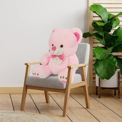 Cute Sitting Teddy Bear Soft Toy with Neck Bow and Foot Print, Pink 35 cm