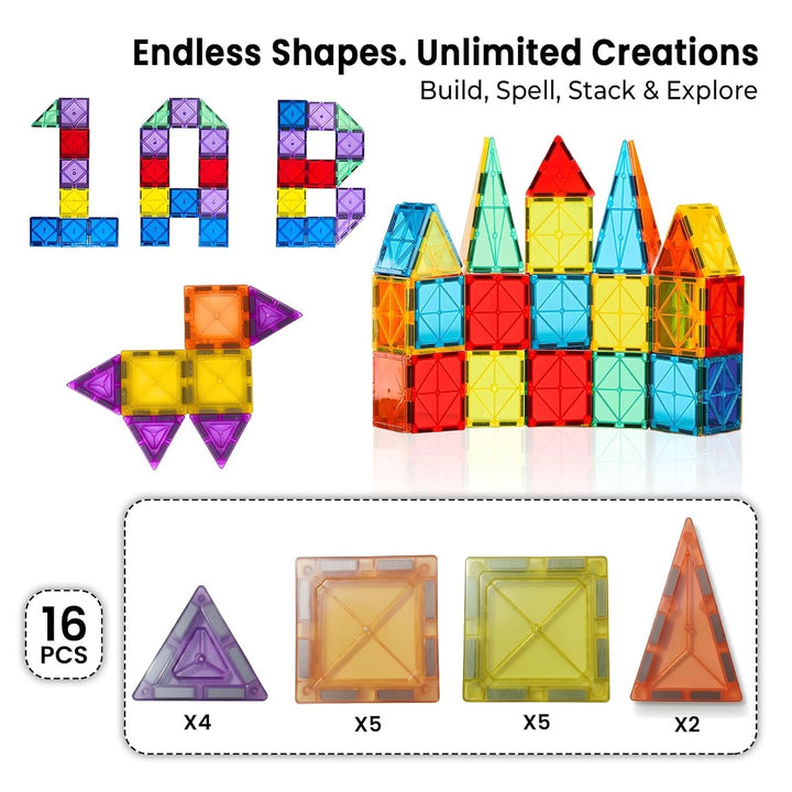 Magnetic Tiles Building Blocks for Kids | 16-Piece STEM Construction & Creative Learning
