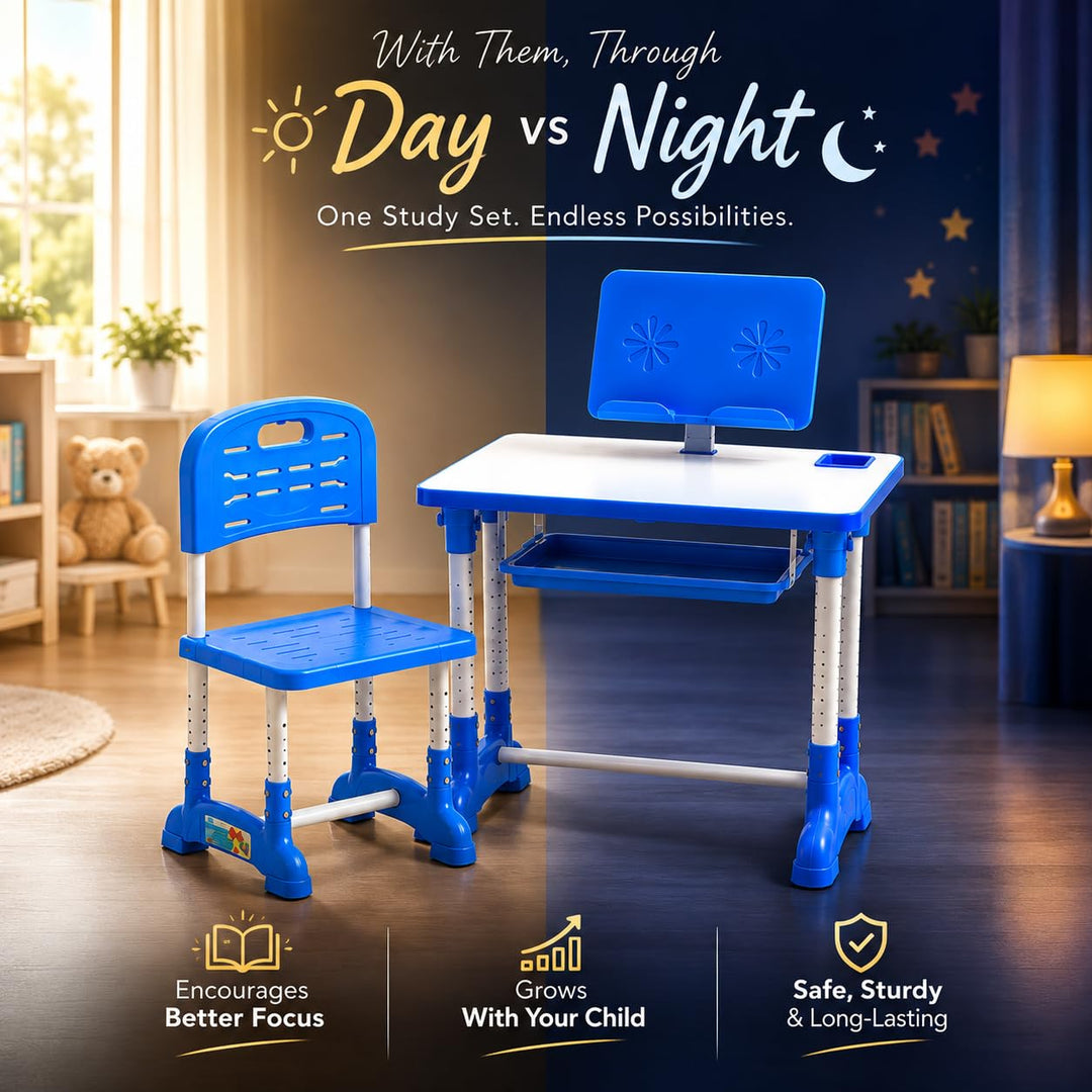 Kids Study Table & Chair Set | Adjustable Height Study Desk with Storage Shelf | Ergonomic Writing Table for Children