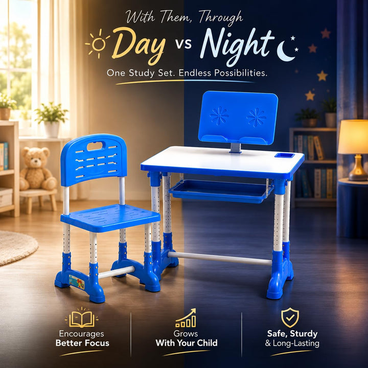 Kids Study Table & Chair Set | Adjustable Height Study Desk with Storage Shelf | Ergonomic Writing Table for Children