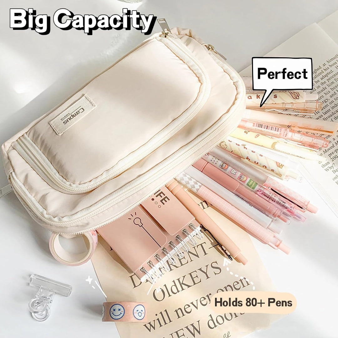 FunBlast Canvas Large Capacity Pencil Case - Double Zipper Portable Pencil Pouch