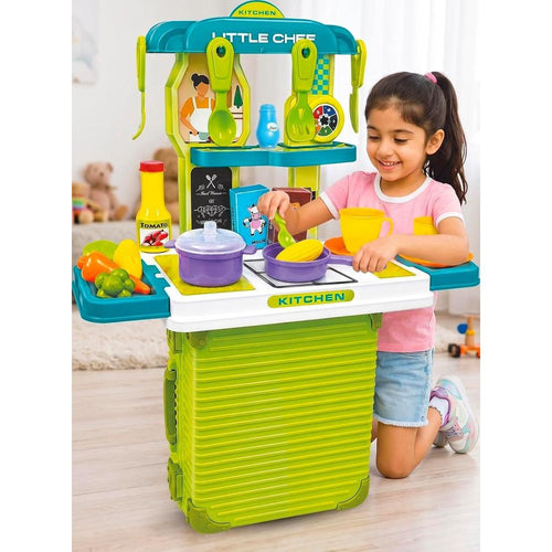 Mamma Mia 2 in 1 Kitchen Play Set & Trolley Suitcase Toy Green | Pretend Cooking Role-Play Set for Kids