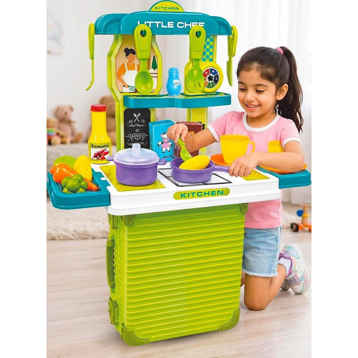 Mamma Mia 2 in 1 Kitchen Play Set & Trolley Suitcase Toy Green | Pretend Cooking Role-Play Set for Kids