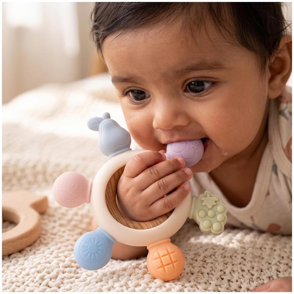 Mee Mee Fruity Bite Silicone Baby Teether | Multi-Textured Silicone Teether | Freezer & Sterilizer Safe