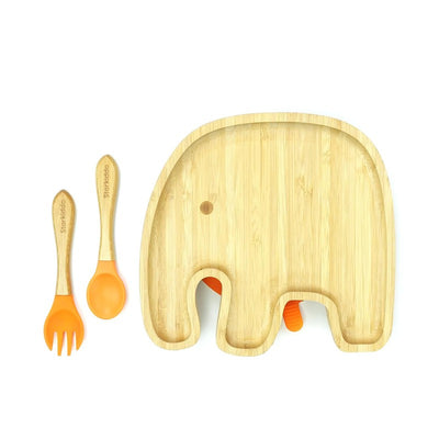 Jumbo Bamboo Suction Plates for Baby and Toddler | Weaning Spoon & Fork | Orange