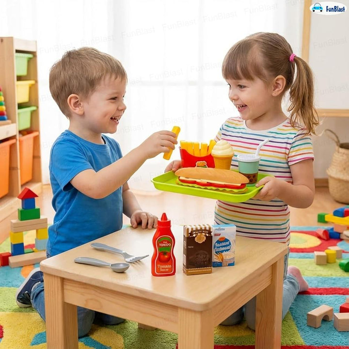 FunBlast Fast Food Play Set for Kids | Pretend Play Food Toys with Snacks, Tray, Accessories & Carry Box  (11 Pieces)