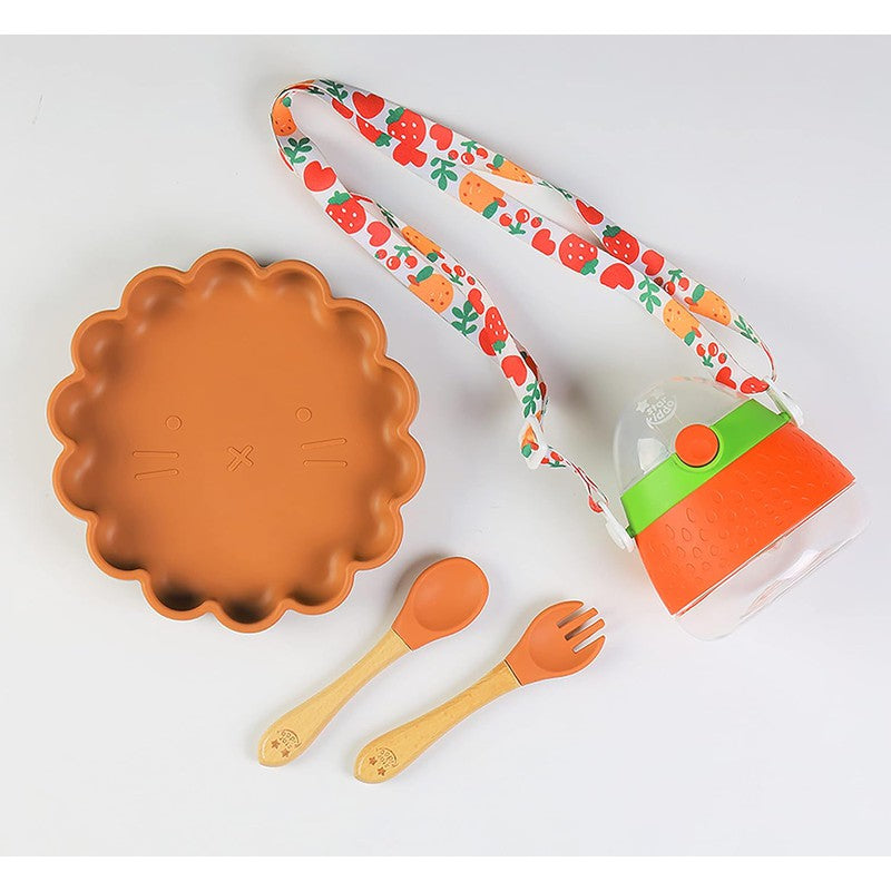 The Baby Led Weaning Supplies Collection of Cute Simba Suction Plate, Sippy Cup and Trainer Spoon & Fork (Brown - Red)