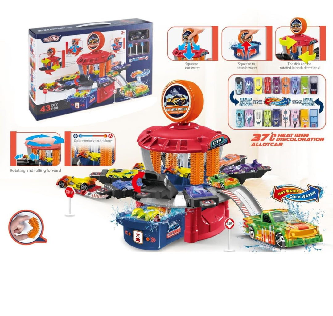 Six-Six-Zero Multi-Station Car Wash Facility Toy Playset | 43 Pieces | Colour Changing Alloy Cars
