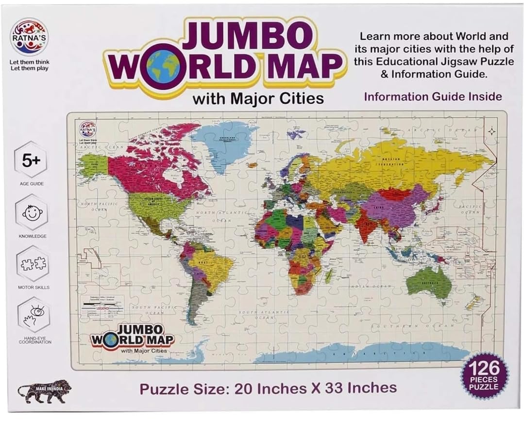 Ratna's Jumbo World Map with Major Cities - Jigsaw Puzzle | 126 Pieces