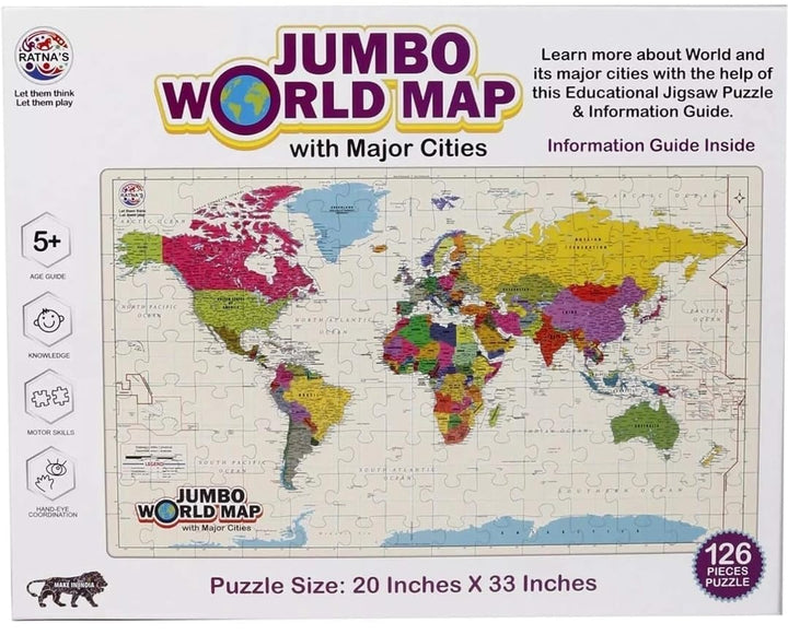 Ratna's Jumbo World Map with Major Cities - Jigsaw Puzzle | 126 Pieces