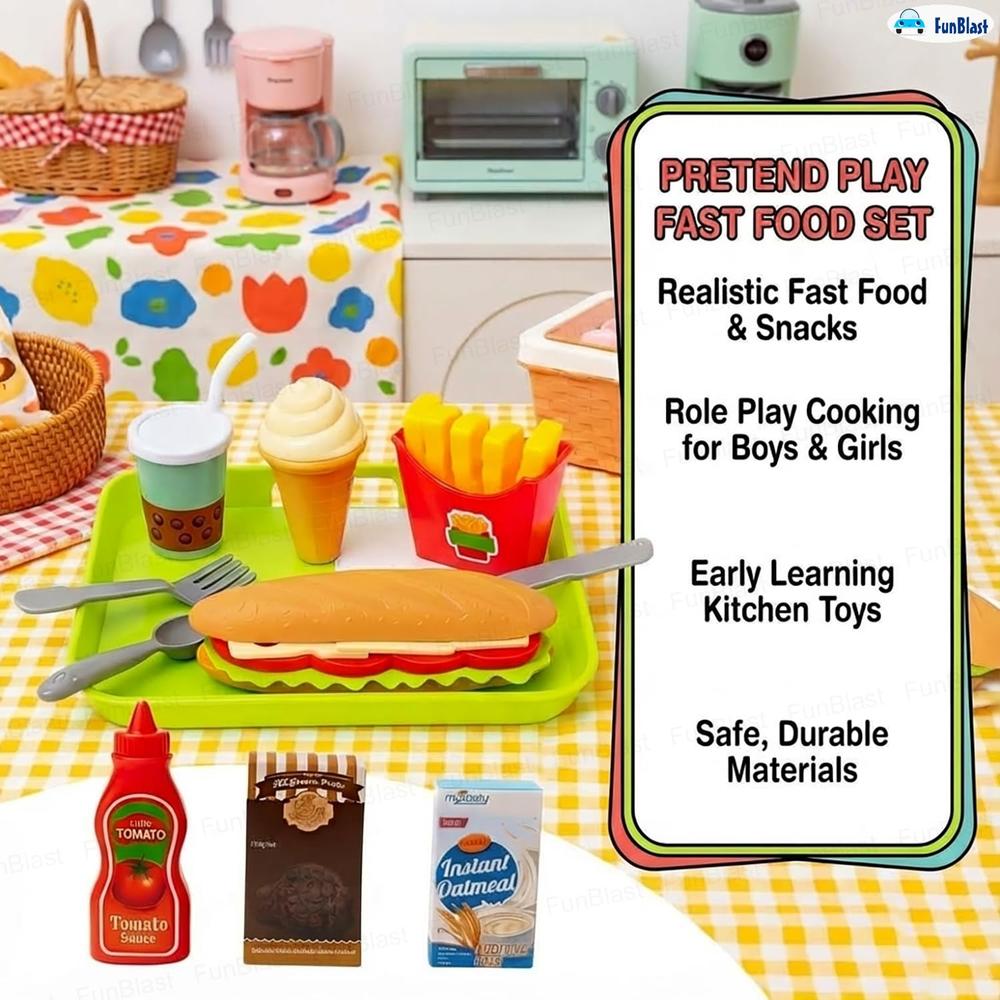 FunBlast Fast Food Play Set for Kids | Pretend Play Food Toys with Snacks, Tray, Accessories & Carry Box  (11 Pieces)