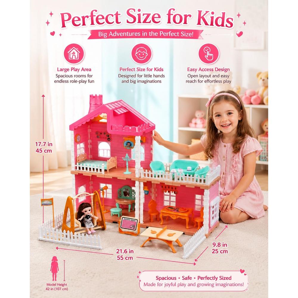 Manku Quiet Cottage Princess Dollhouse with Water Mist Spray Chimney & Light | DIY Pretend Play Set | 132-Pieces