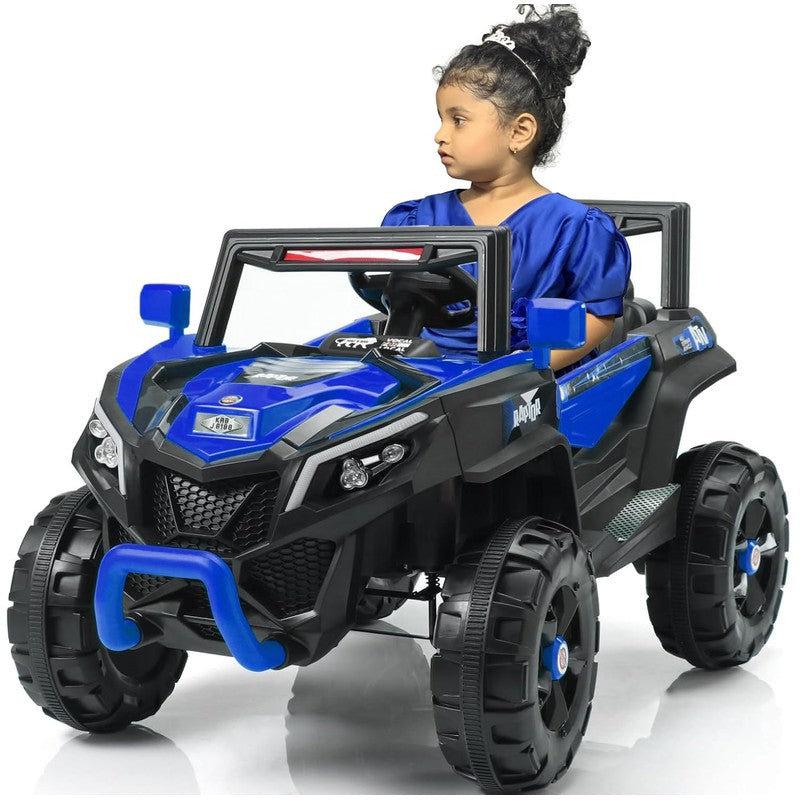 Blue Driving Jeep Ride on | Remote + Mobile App Control & Manual Steering Drive Car | Bluetooth Music Player | Loading Capacity of 50 Kg | COD Not Available