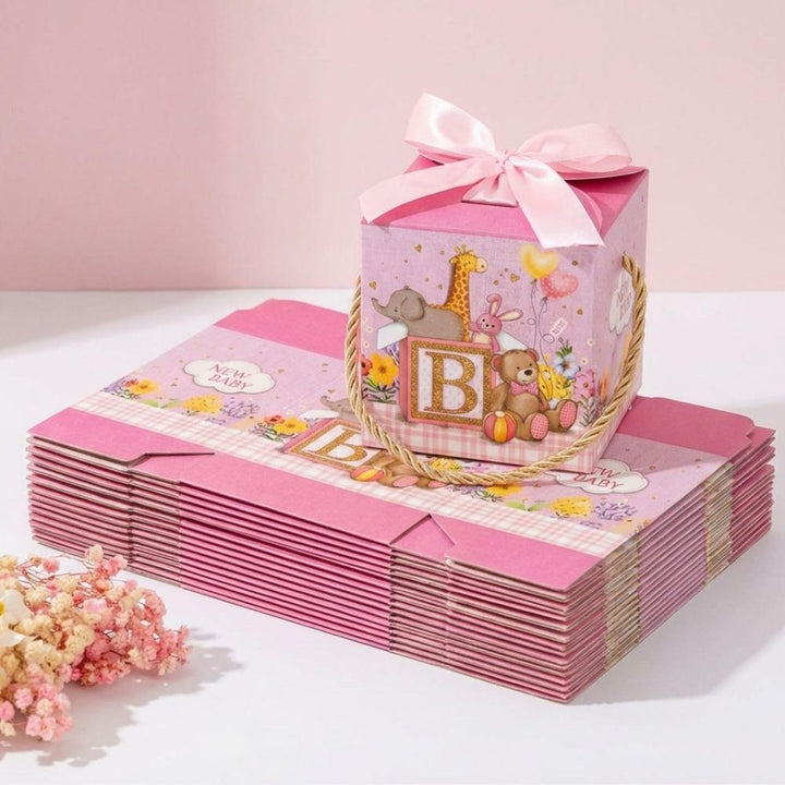 FunBlast Baby Shower Gift Boxes | Paper Folding Gift Boxes with Ribbon & Hanging Thread | Pack of 10